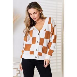 DOUBLE TAKE Small Camel White Checked V-Neck Dropped Shoulder Cardigan Sweater